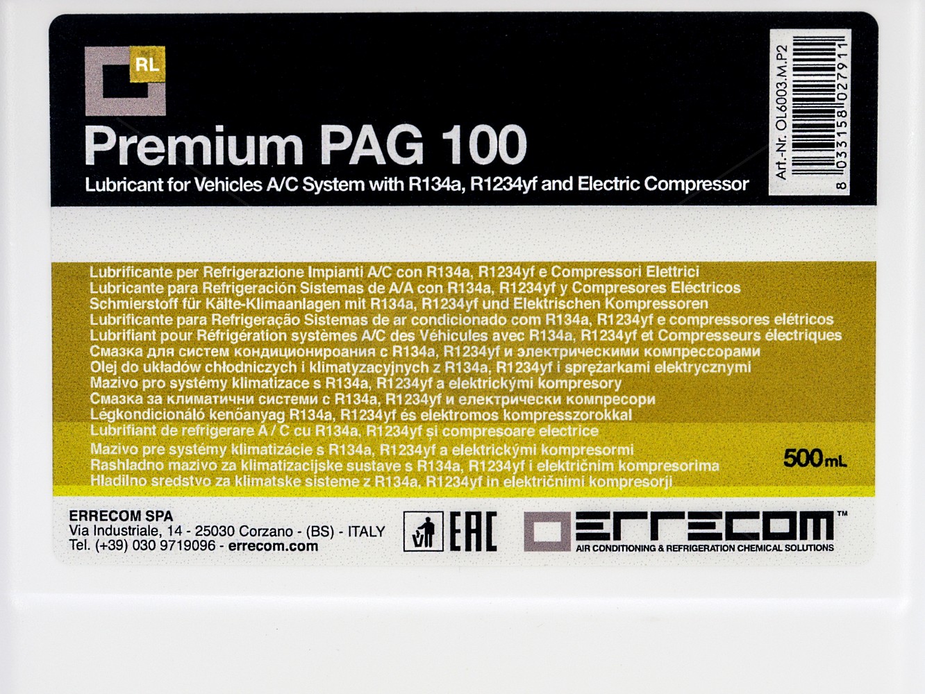 Масло синтетическое Errecom PAG100 (500мл) (OL6003.M.P2)(12ш/кор)